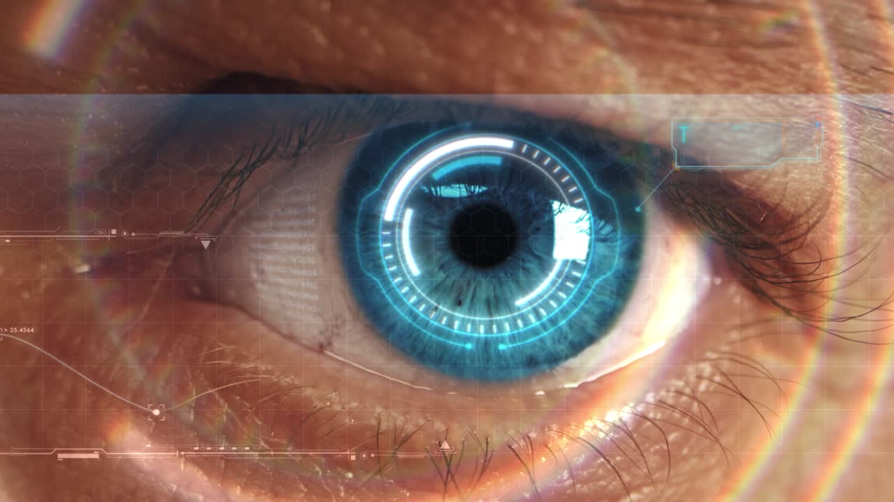 macro ojo. implementación gráfica futurista. ser humano visión futurista, visión y control y protección de personas, control y seguridad en los accesos. sistema de vigilancia cyberpunk