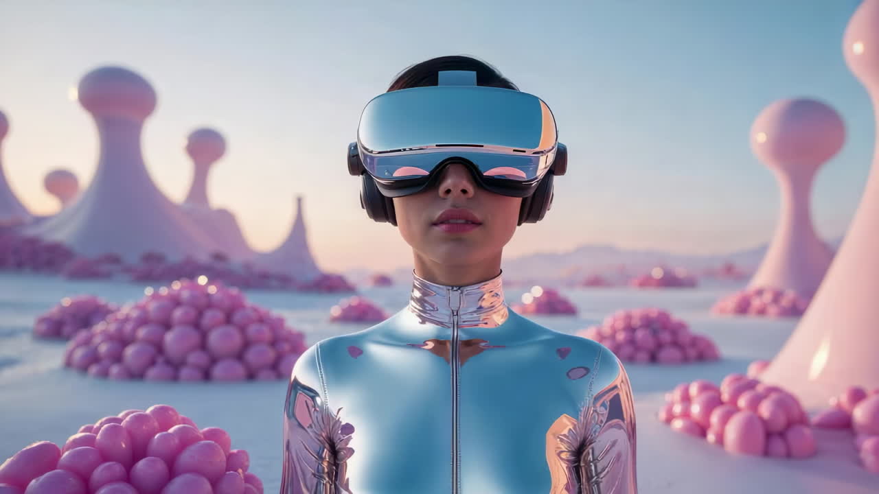Woman in VR Headset Exploring a Surreal Pink Metaverse
