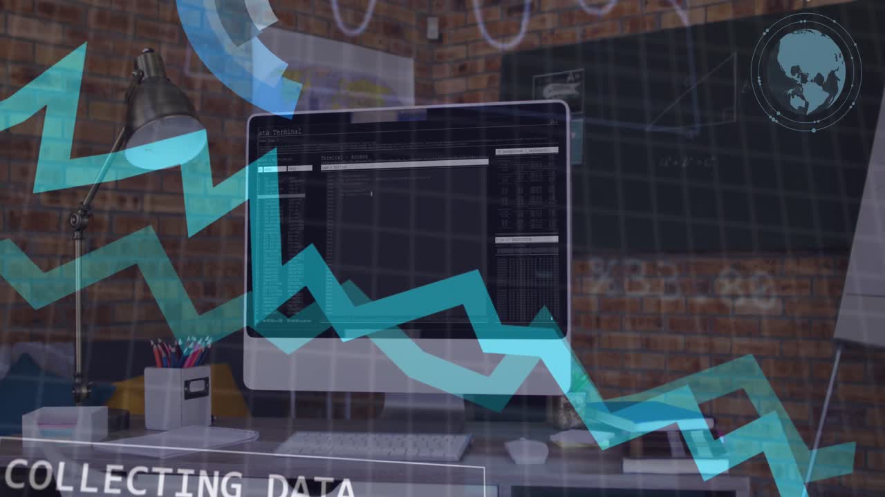 animación del procesamiento de datos financieros en el escritorio con computadoras y dispositivos electrónicos