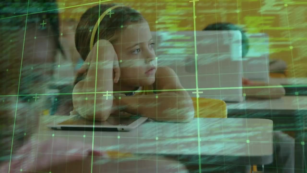 Animation of data processing over caucasian woman using tablet