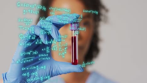 Animation-of-mathematical-equations-over-biracial-female-doctor-with-test-tube