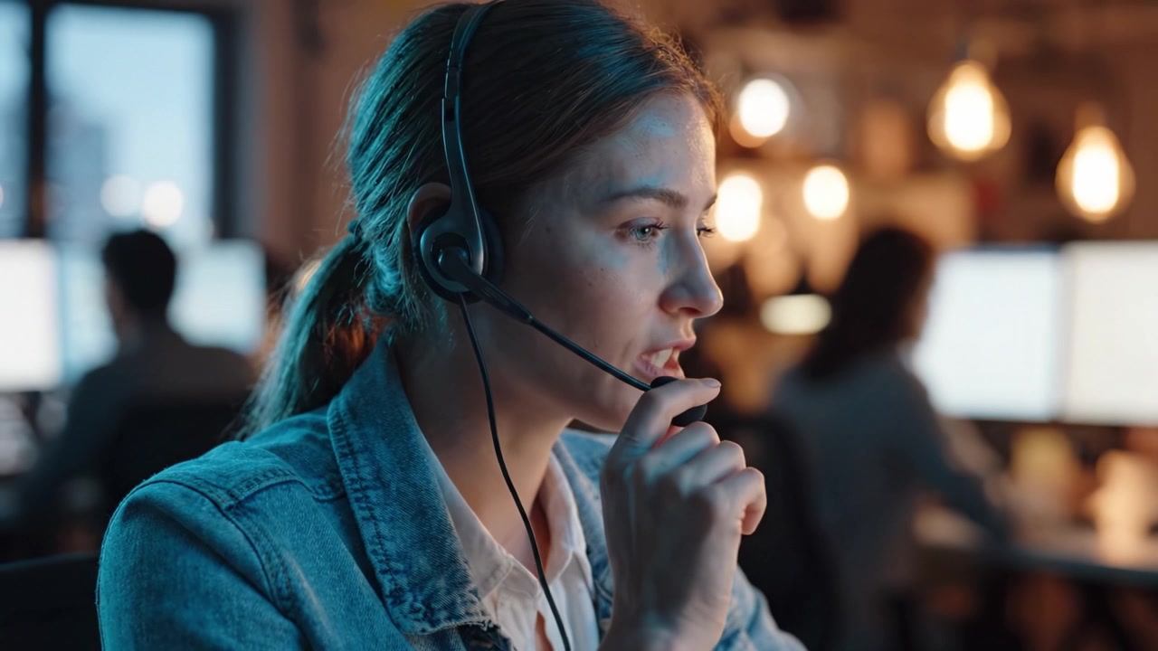 Una donna concentrata con le cuffie che lavora in un ambiente di call center, circondata da luce soffusa, mostrando dedizione e attenzione ai dettagli nel suo ruolo.