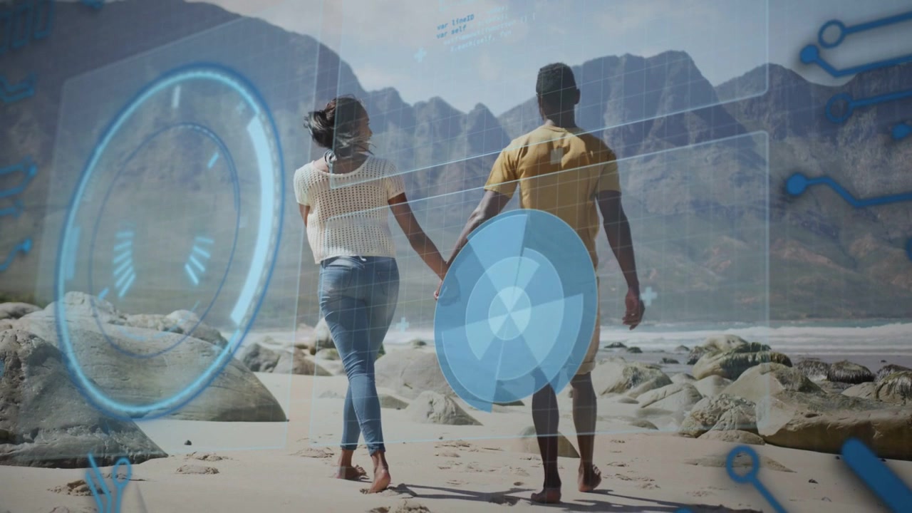 Couple walking hand-in-hand on beach, causing AR overlay: round HUD and rotating dial guiding route