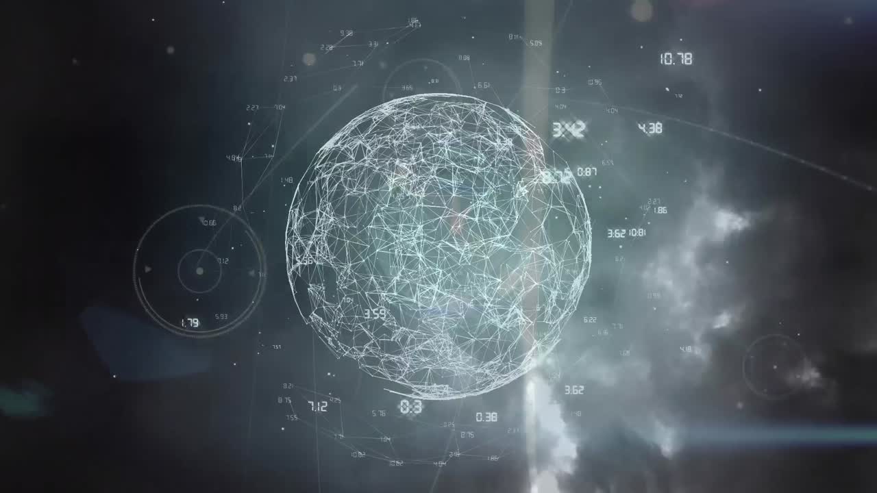 Animation of spinning globe of network of connections against thunderstorms in dark clouds
