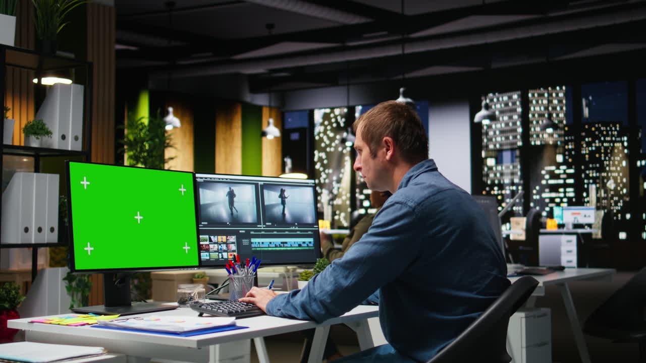 Green screen with skilled male video editor working with software in office