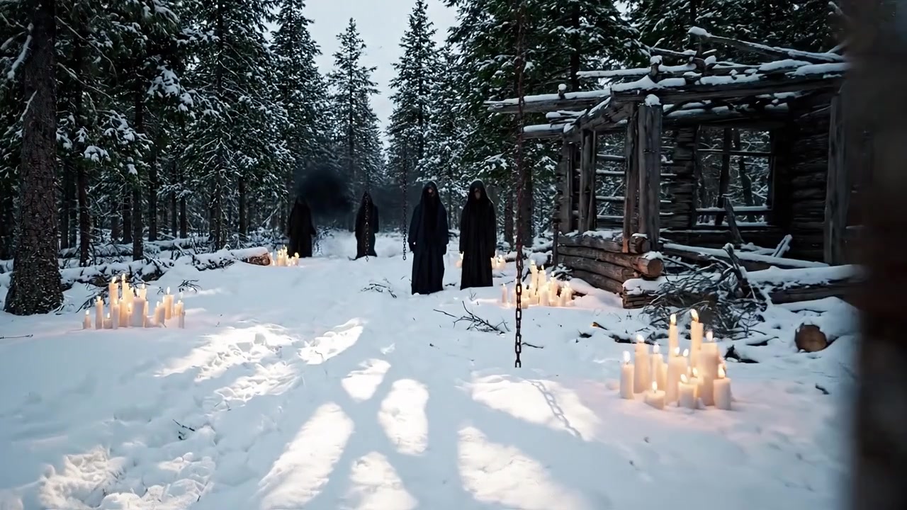 Salaperäiset hahmot mustissa viitoissa kokoontuvat lumisessa metsässä lepattavien kynttilöiden ympäröimänä hylätyn mökin lähellä arvoituksellisessa talvimaisemassa.