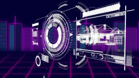 animation of data processing and city on blue background