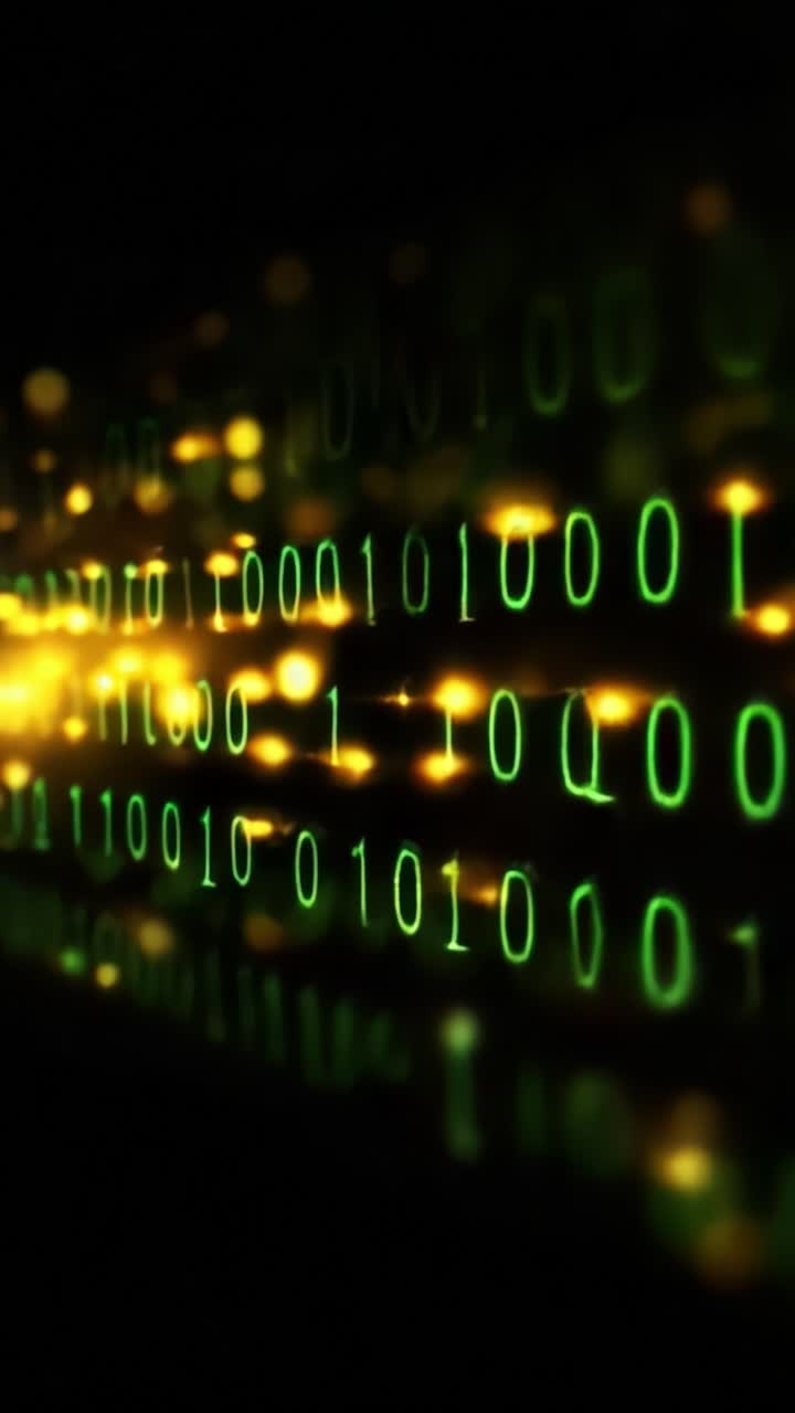 Illuminated Binary Code Sequence in Green and Yellow Displayed Against a Dark Background, Highlighting the Essence of Digital Information Processing