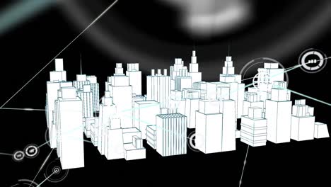 animation of network of connections with icons over 3d architectural drawing of city in background