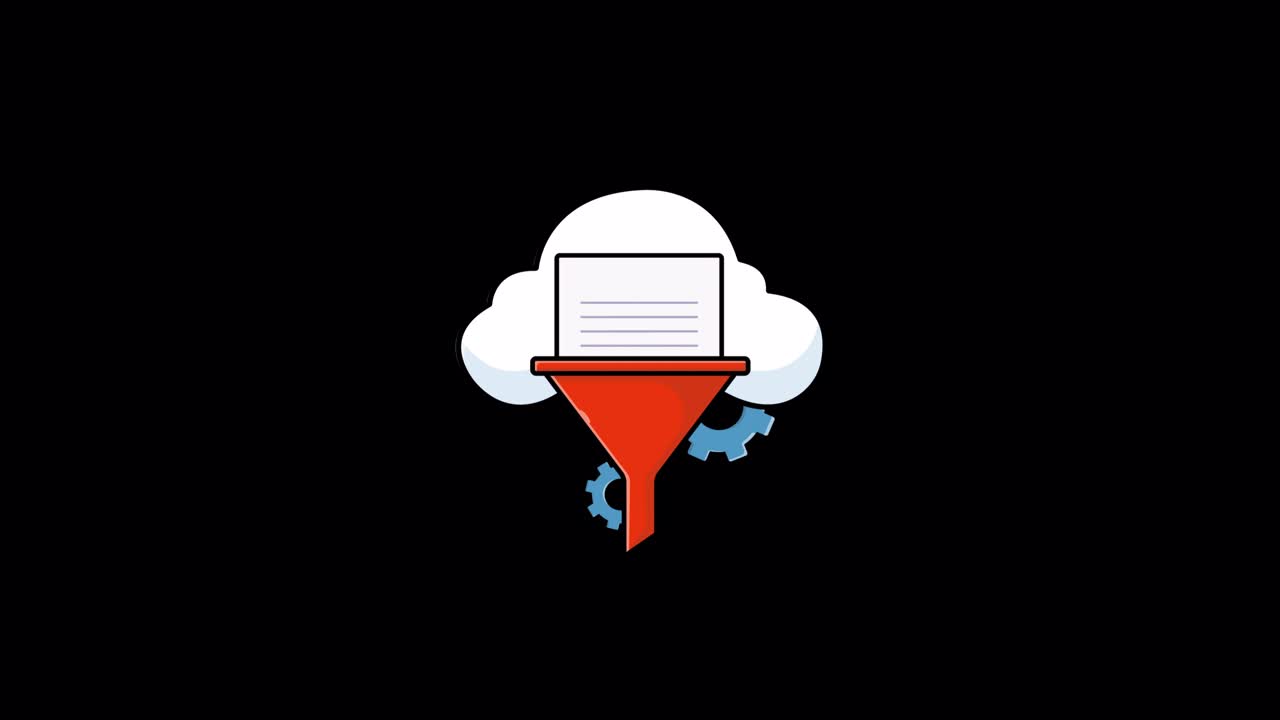 Animeret datafiltrering gennem cloud-tragt med tandhjul.