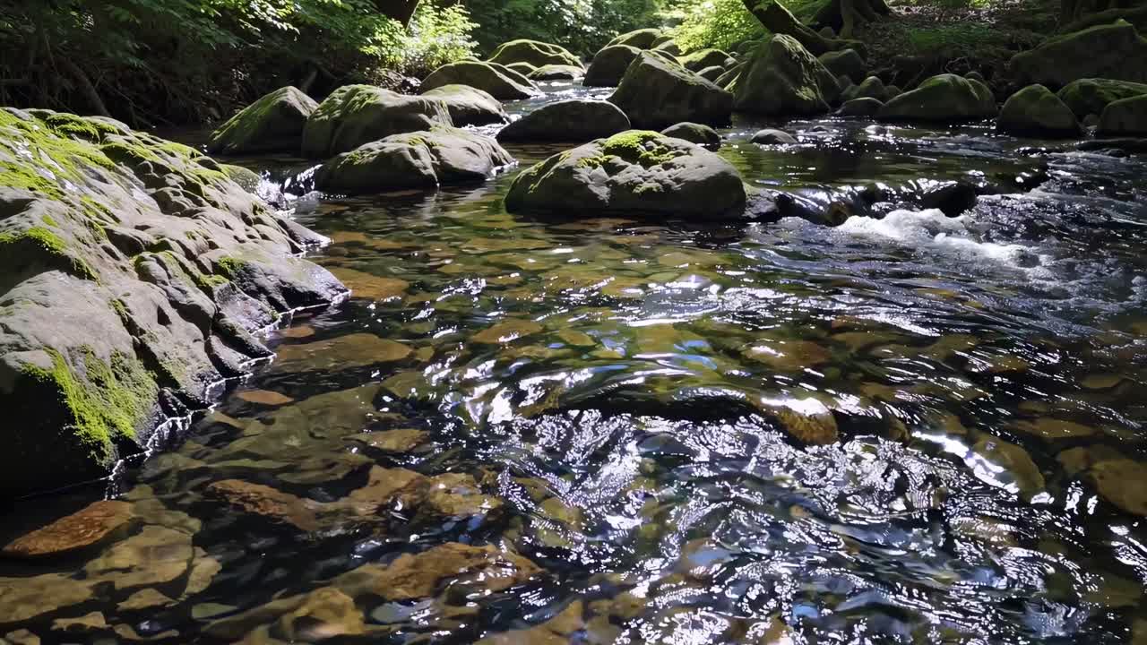 En fredfyldt skovbæk-video filmet fra en lav vinkel, der viser sollys, der siver gennem frodige