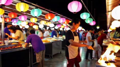 night market buffet with colorful lanterns