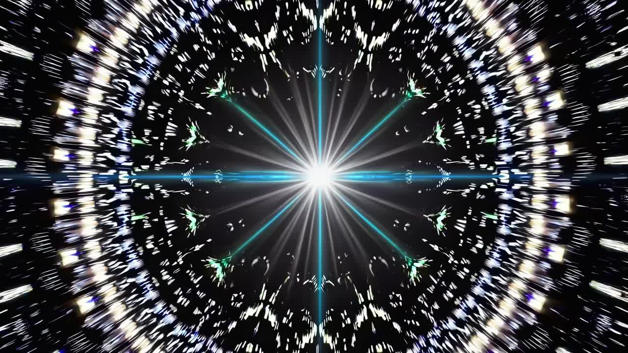 A dynamic, symmetrical burst of light particles in a kaleidoscopic style, captured from a central