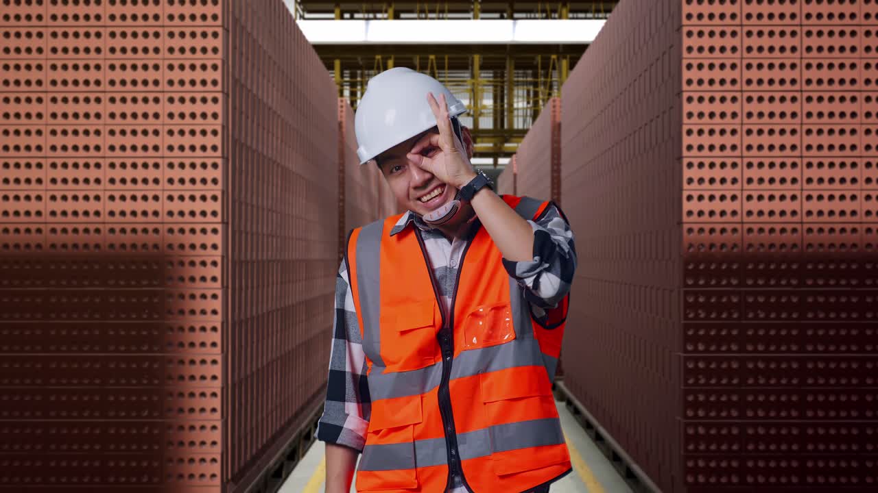 Asian Male Engineer With Safety Helmet Showing Ok Hand Sign Over Eye And Smiling To Camera While Standing With Red Brick Packed in Stacks Are Stored