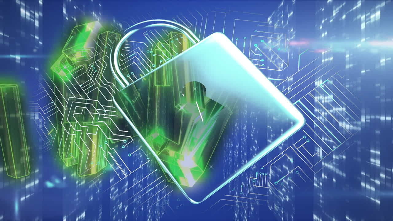 Animation of moving shapes and padlock on blue background