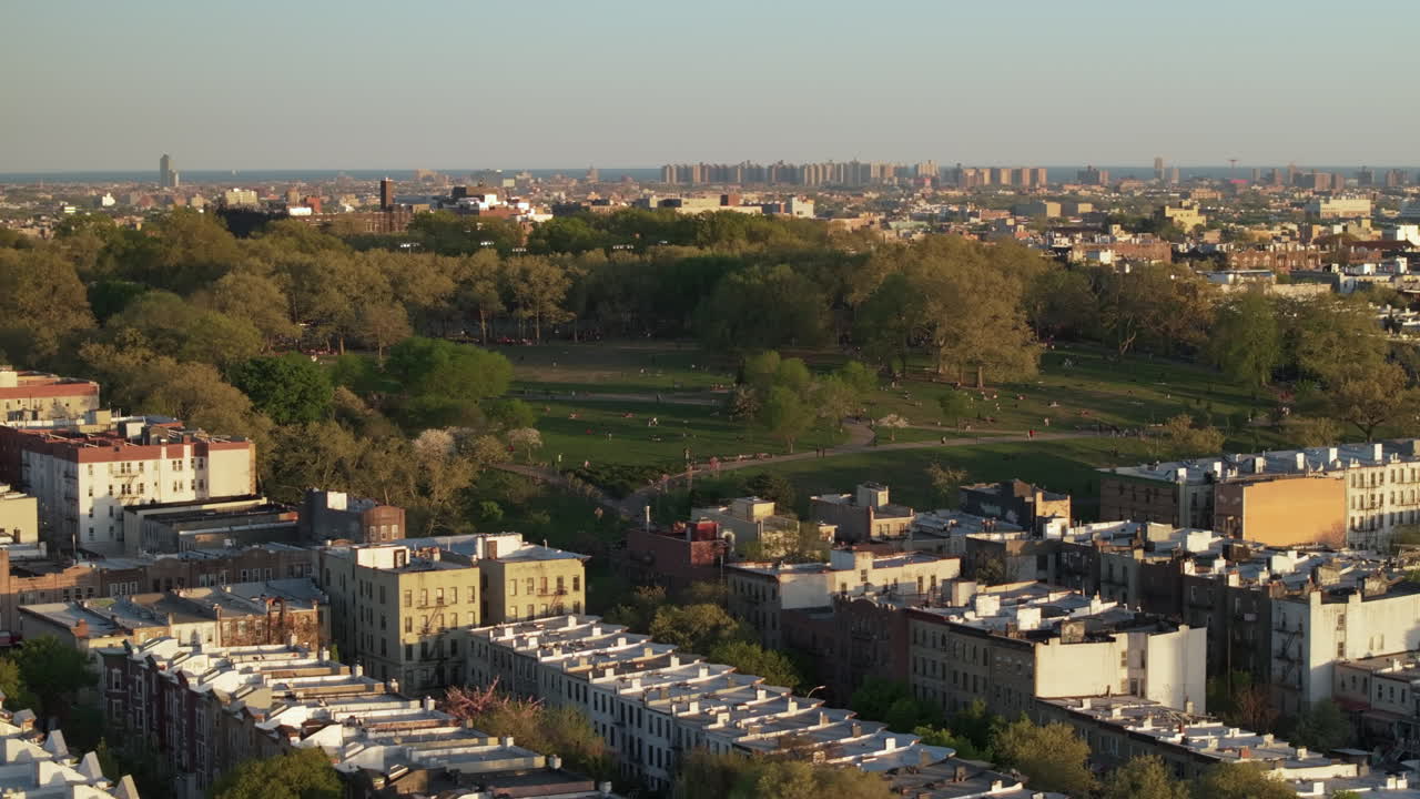 Aerial view of Sunset Park at dusk. Shot in Brooklyn, New York City.