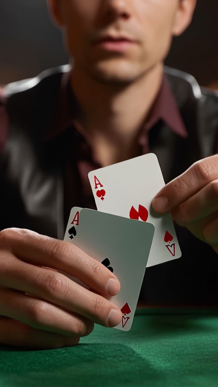 A High-Stakes Poker Duel: A Close-up View of a Player's Strategic Hand Featuring Four Aces Amidst Intense Focus and Concentration at the Table