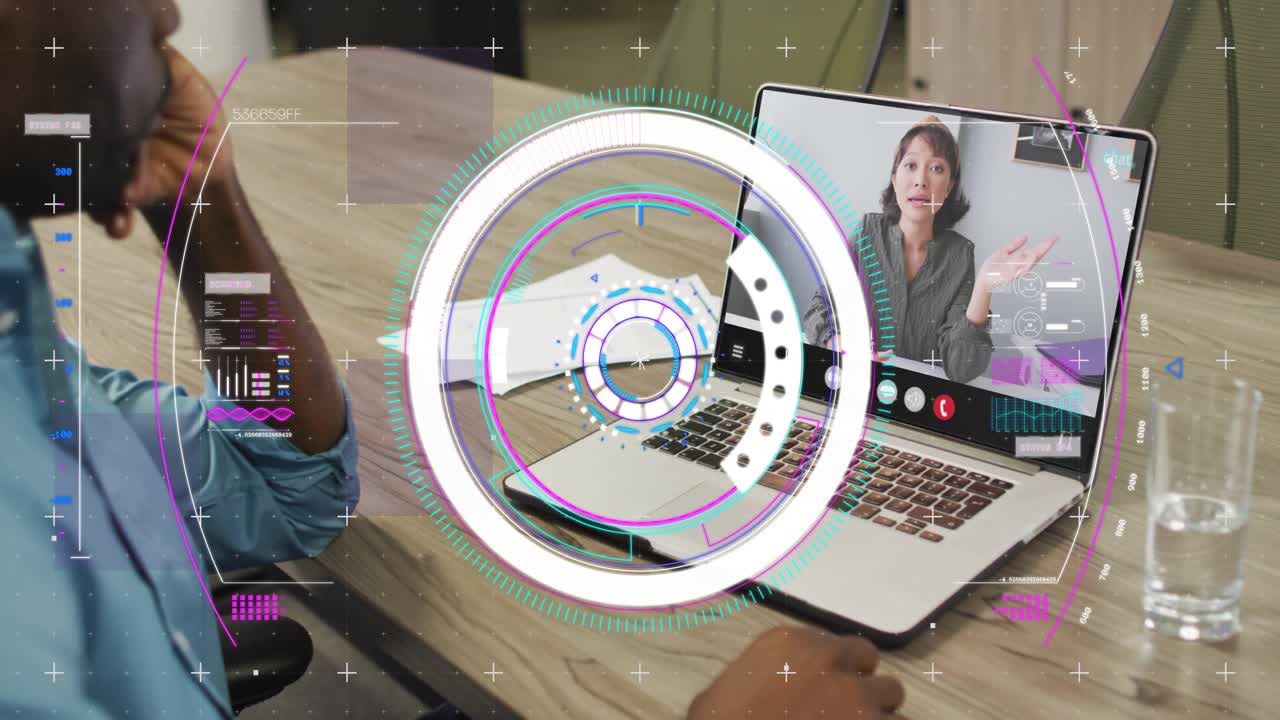 Man using laptop touchpad, starting HUD spin while remote woman gesturing and in business meeting