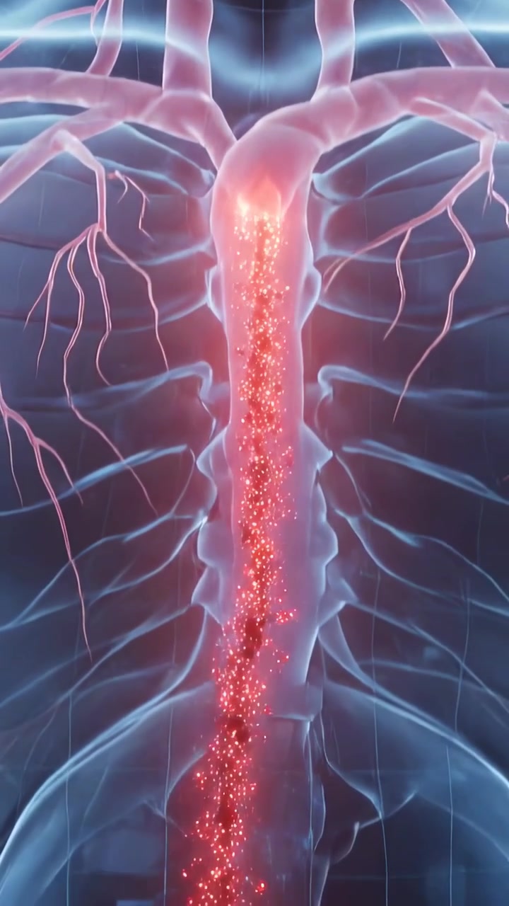 Video verticale: Mostrando una particella che si forma sull'arco aortico mentre l'aorta trasporta un tracciante verso il basso in 3D.