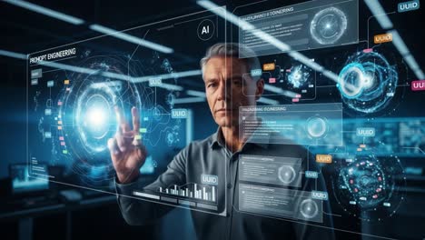 exploring advanced technologies: a professional engaging with ai-driven interfaces and prompt engineering in a high-tech environment