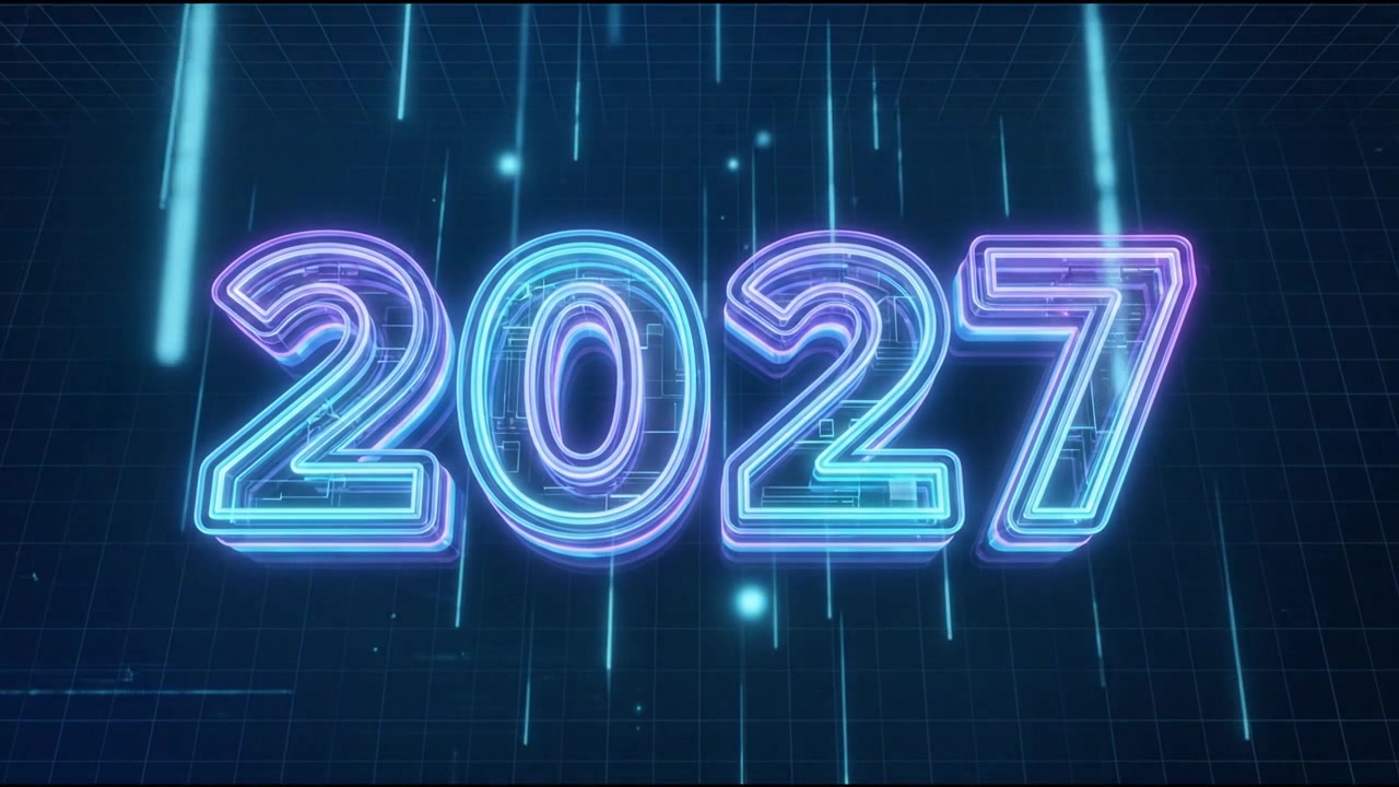 Neon Glowing 2027 Text Animation with Digital Grid Background
