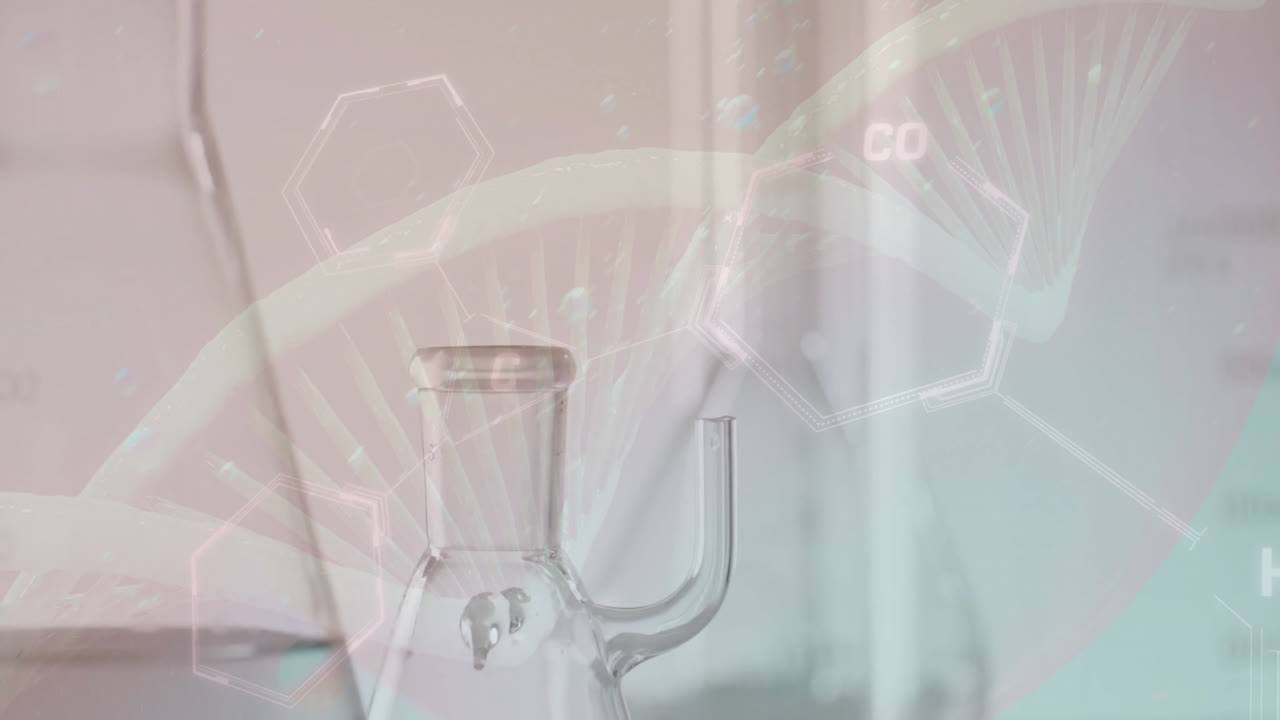Animation of dna strand and scientific data processing over laboratory dishes on grey background