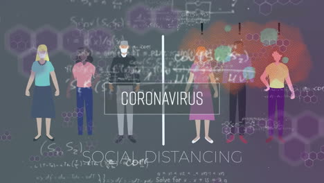 pancartas de texto de coronavirus y estructuras químicas flotando sobre personas que mantienen la distancia social