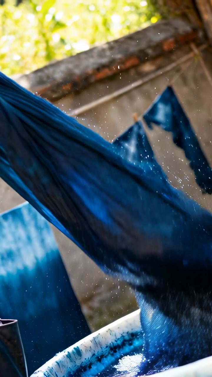 Vertical video: Pulling indigo cloth from vat, dyer in shortsleeve top shaking for drying in yard