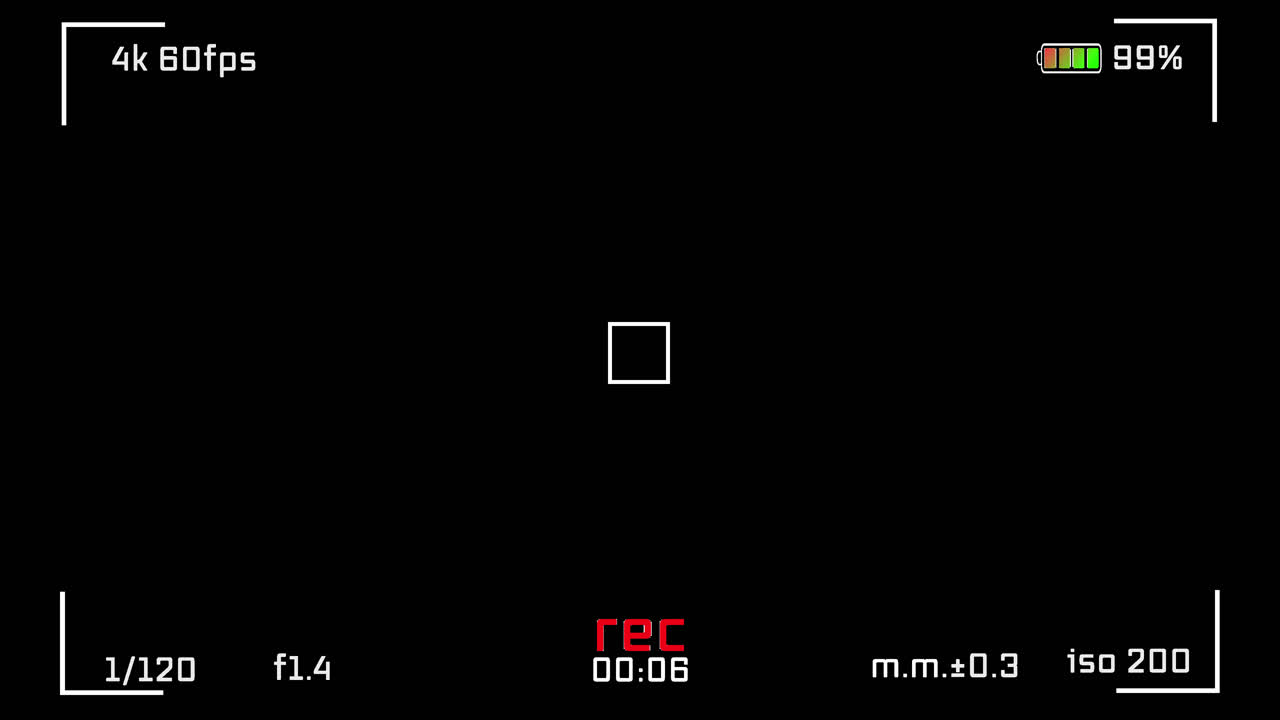 4K Camera Screen HUD Display with Interface Elements Including REC Indicator, Audio Meter, Focus Grid, and Battery Level – High-Quality Overlay for Videography