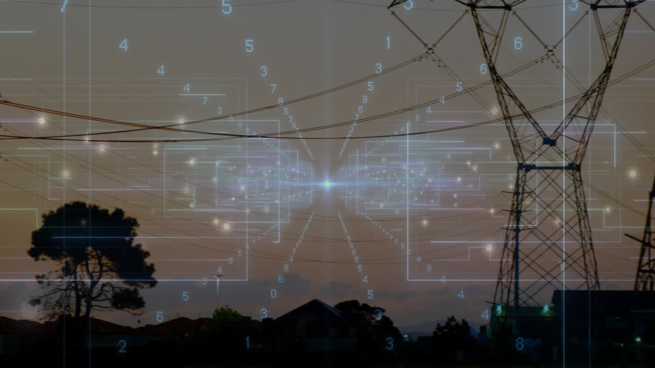 Digital power network being visualized in dusk landscape, with transmission tower and glowing nodes
