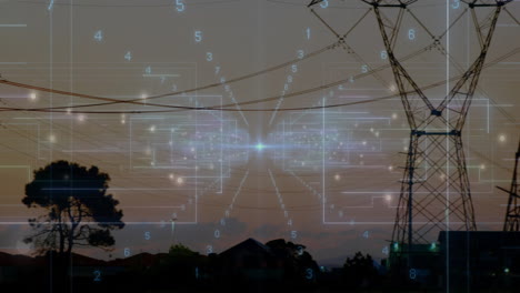 digital power network being visualized in dusk landscape, with transmission tower and glowing nodes