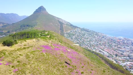 Drohnenantenne-über-Gleitschirmfliegen-Und-Gleitschirmflieger-Mit-Der-Innenstadt-Von-Kapstadt-Südafrika-Im-Hintergrund-1