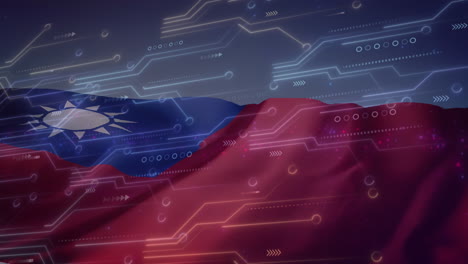 animación de la placa de circuito y procesamiento de datos sobre la bandera de taiwán