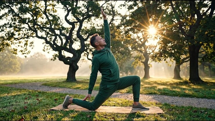 Persona che pratica esercizi di yoga all'aperto all'alba in un paesaggio montano e forestale