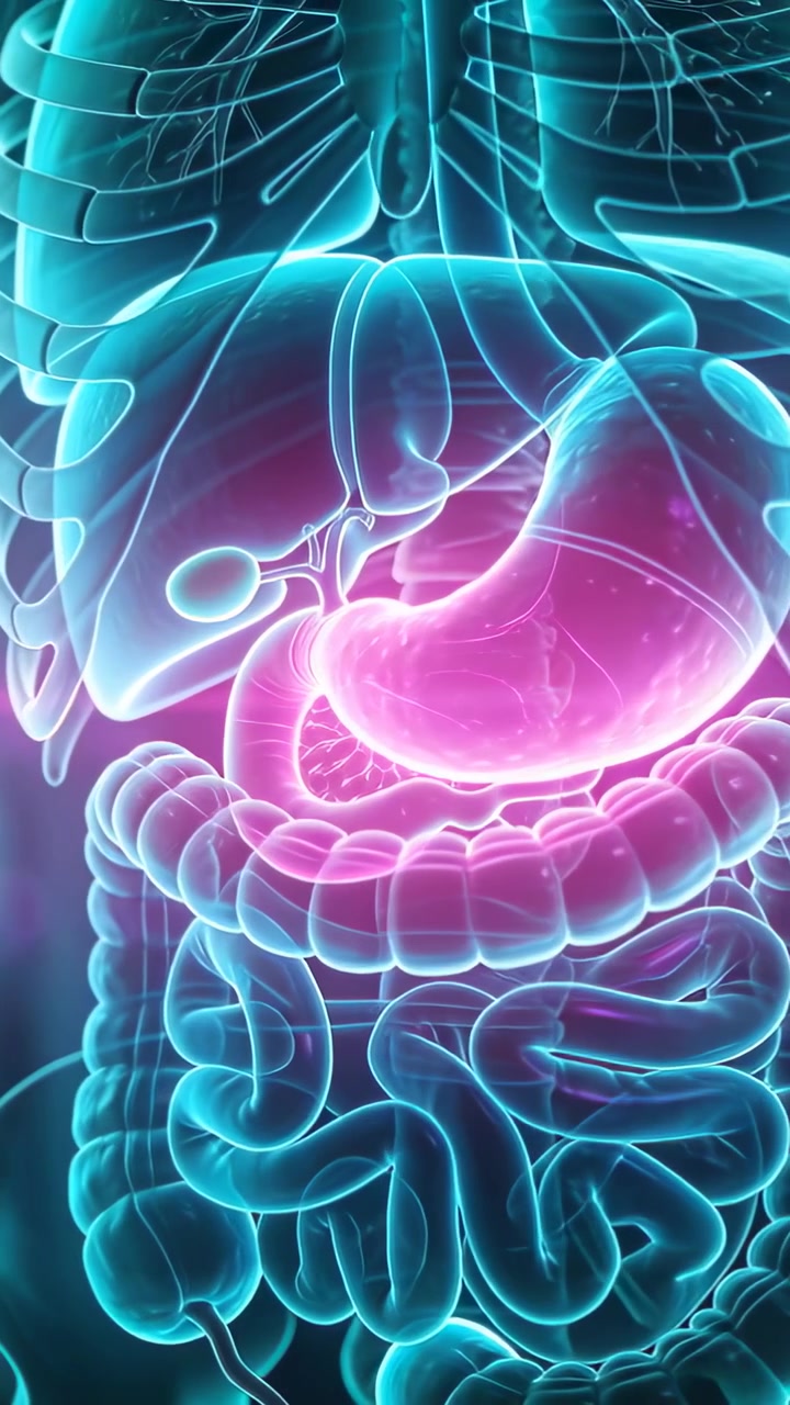 Video verticale: La telecamera avvia lo zoom, rivelando costole e uno stomaco luminoso su uno sfondo scuro, con l'intestino che pulsa.