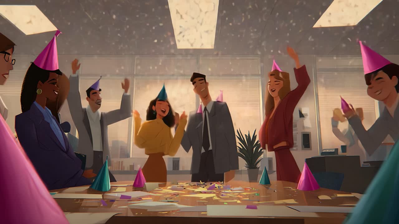A jubilant office celebration where colleagues come together, wearing party hats, sharing laughter, and enjoying a vibrant atmosphere filled with confetti and joy