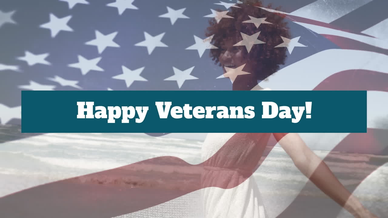 미국의 발 위의 참전용사 날 문자 및 두 인종 여성의 애니메이션