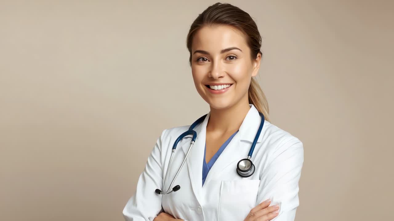 Doctor sonriente de pie con los brazos cruzados sobre una pared beige, vistiendo una bata de laboratorio y un estetoscopio