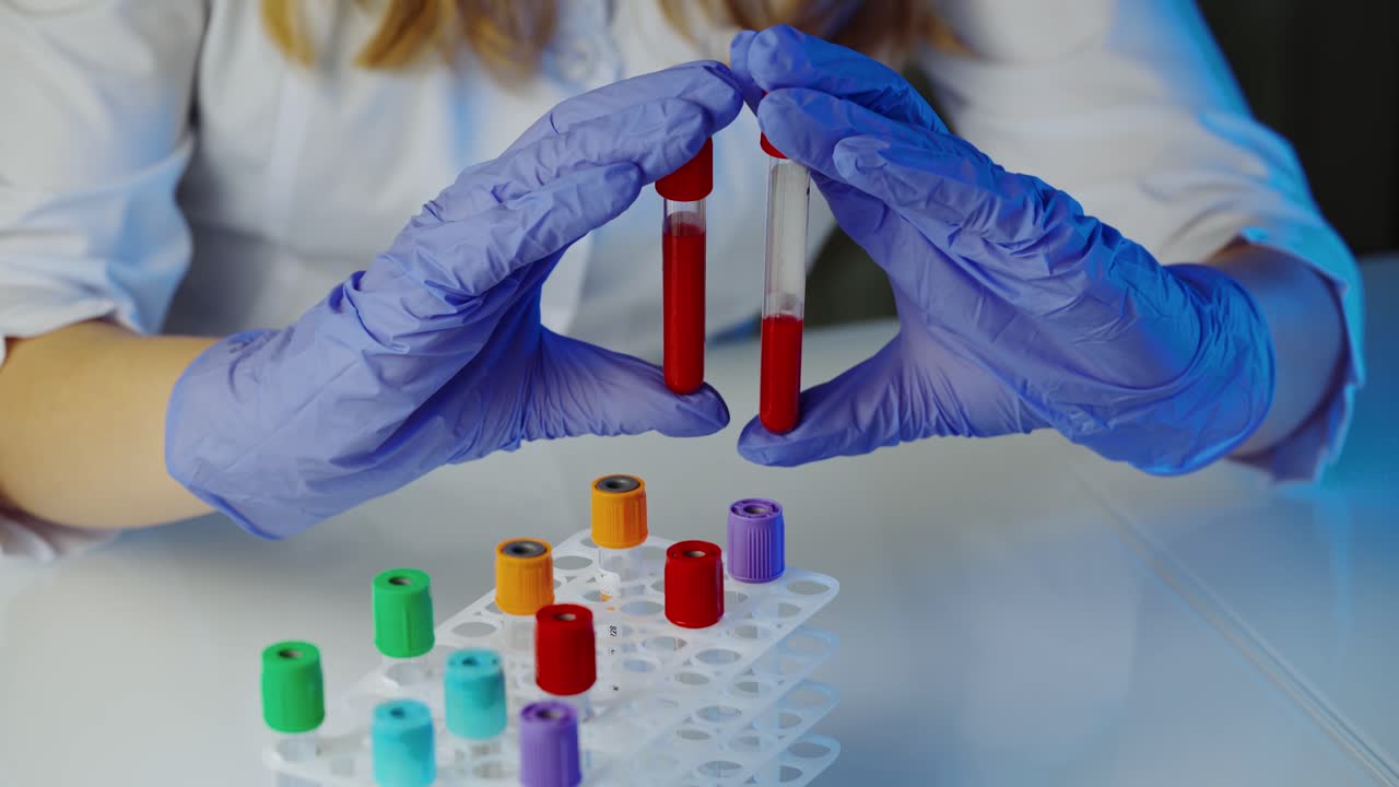 Technician holding blood tube sample. Hands of a lab technician with a tube of blood sample and a rack with other samples