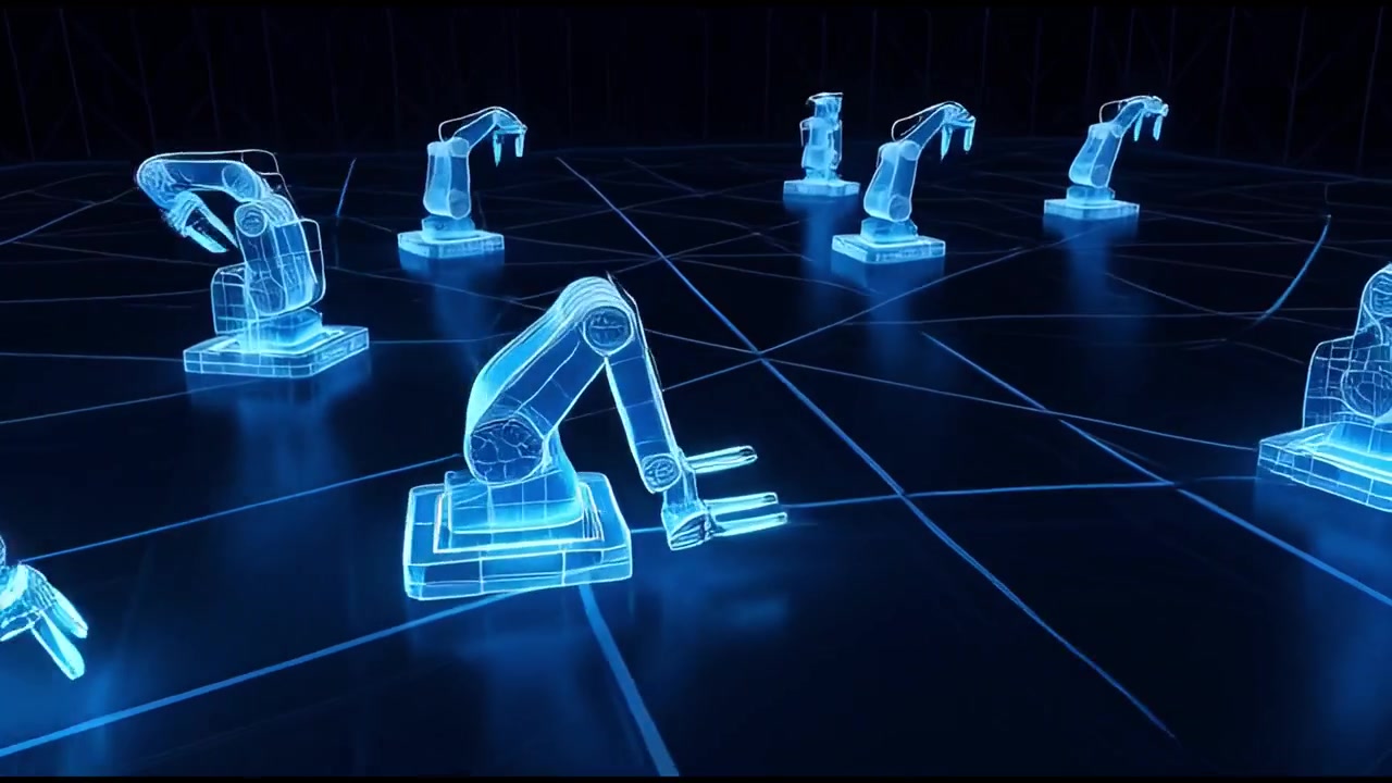 Digital Wireframe Robotic Arms Moving in Synchronized Industrial Automation