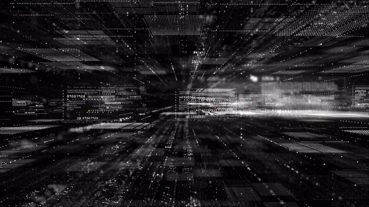 모노크롬 디지털 사이버스페이스 및 디지털 데이터 네트워크 연결 개념: 디지털 데이터 전송, 고속 인터넷, 미래 기술, 디지털 추상 배경 개념, 루프 디자인, 4k