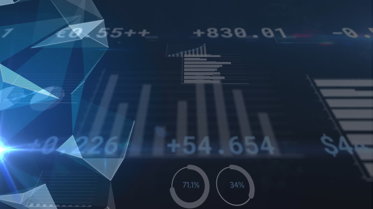 Animation of data processing and diagrams on black background