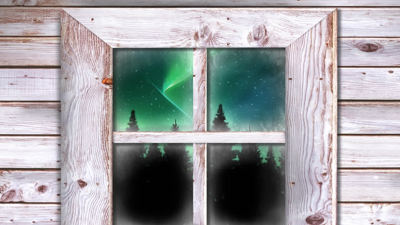 animación de la aurora boreal y el paisaje invernal de navidad visto a través de la ventana