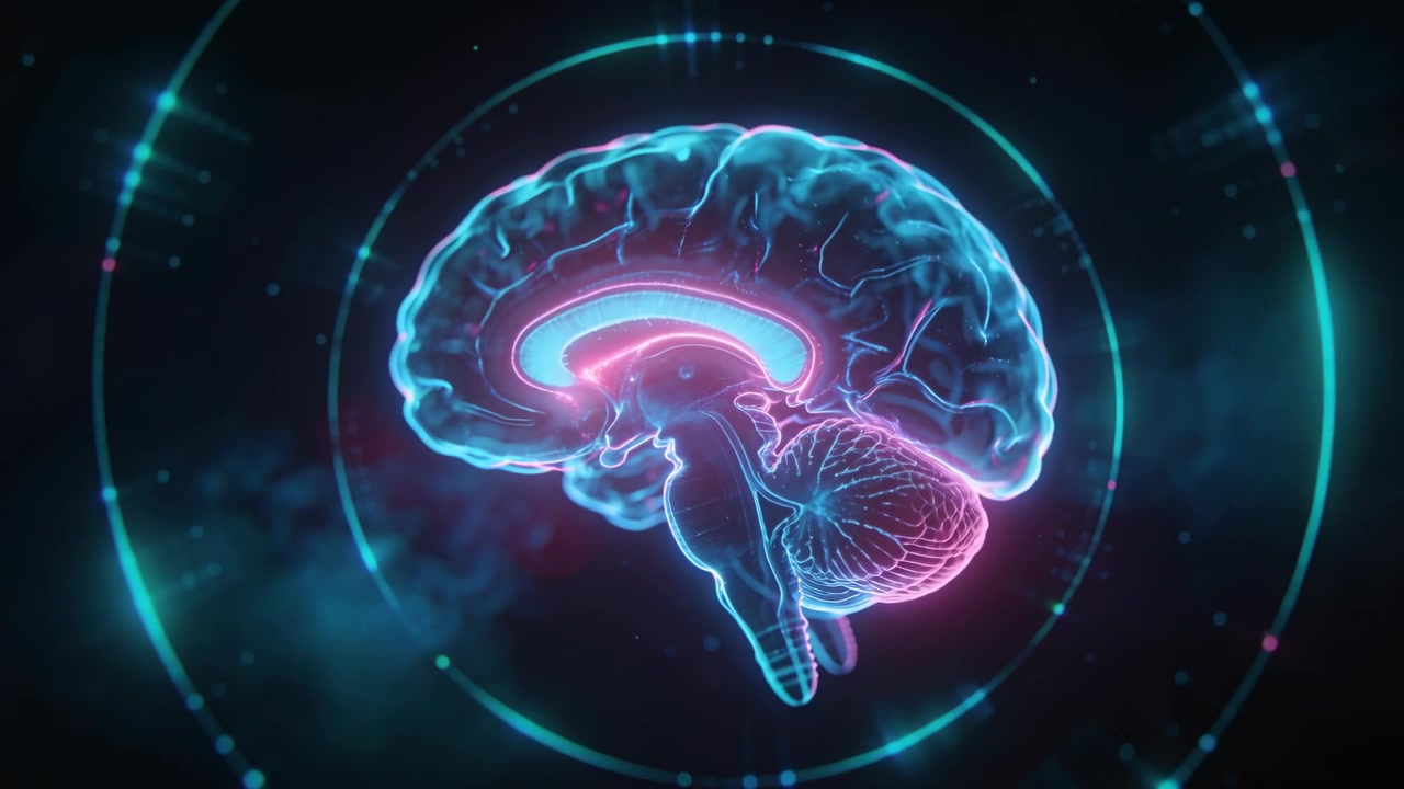 Pulsing stylized sagittal brain lighting magenta and initiating HUD rings in dark 3D space