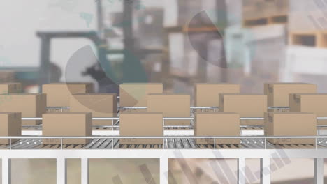 animación del procesamiento de datos financieros sobre cajas de cartón en cintas transportadoras