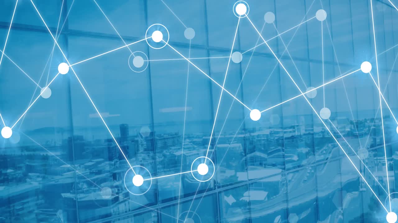 都市風景上の輝く点を持つ接続ネットワークのアニメーション