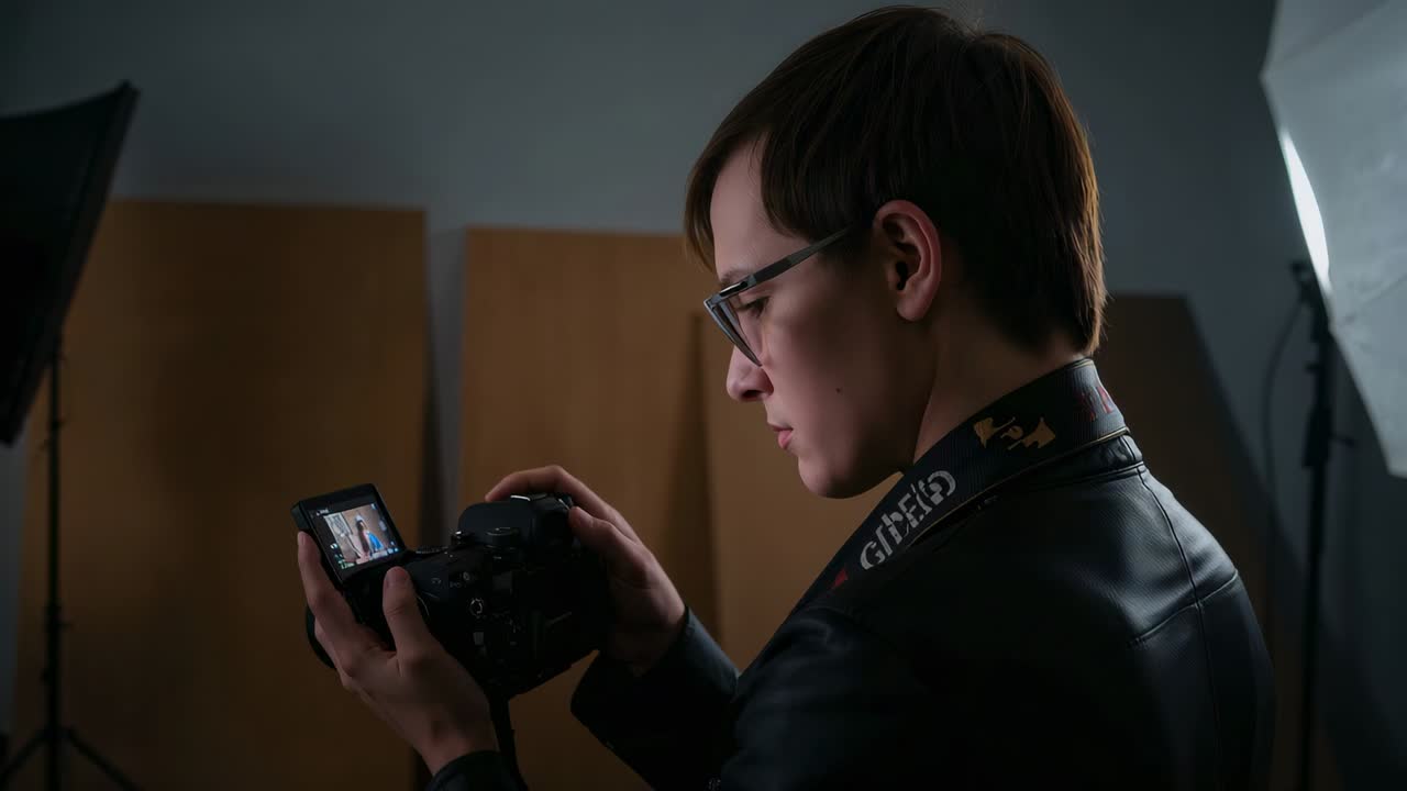 Reviewing after shooting male photographer in dark jacket adjusting camera flipout LCD in studio