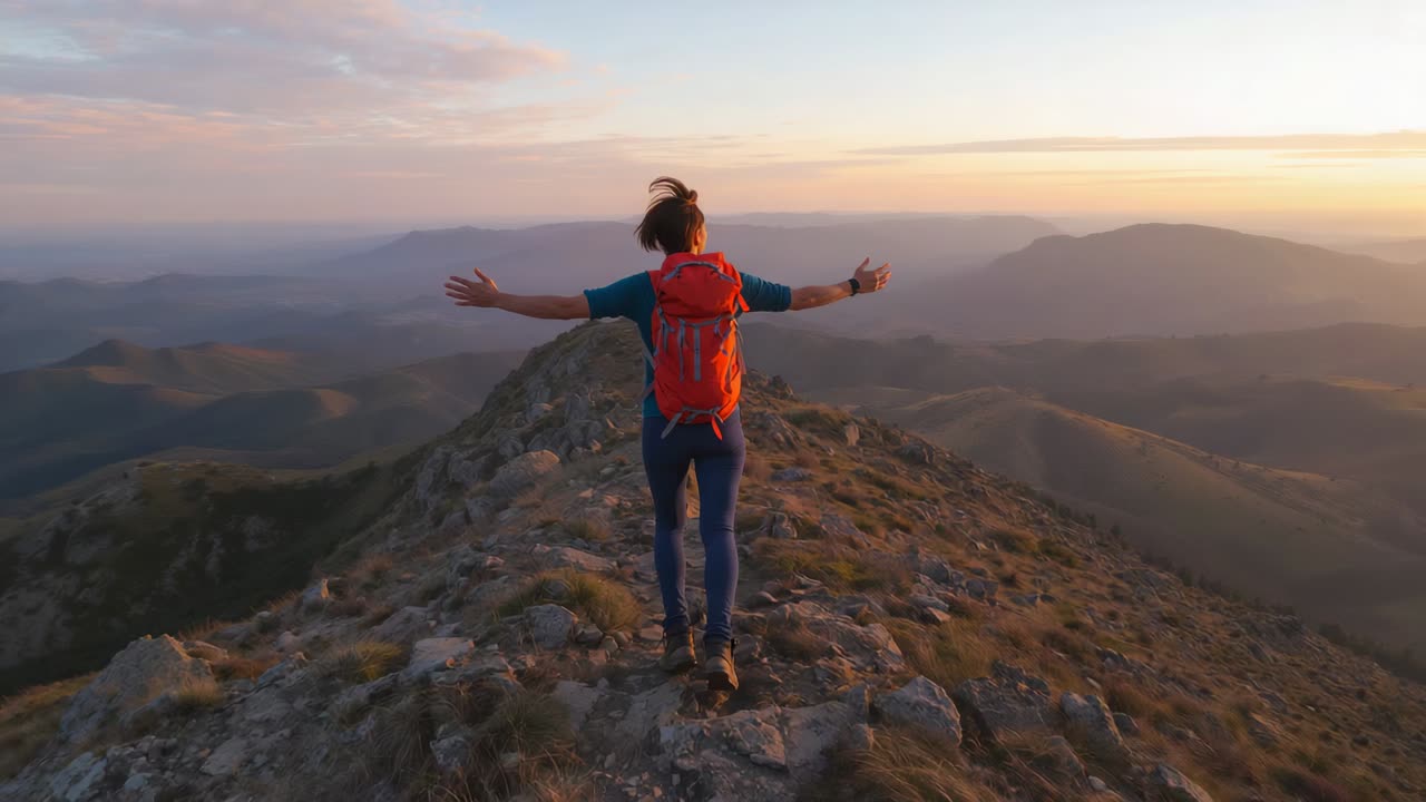 Walking hiker balancing arms out on rocky ridge at sunset, heading upward, teal top orange pack