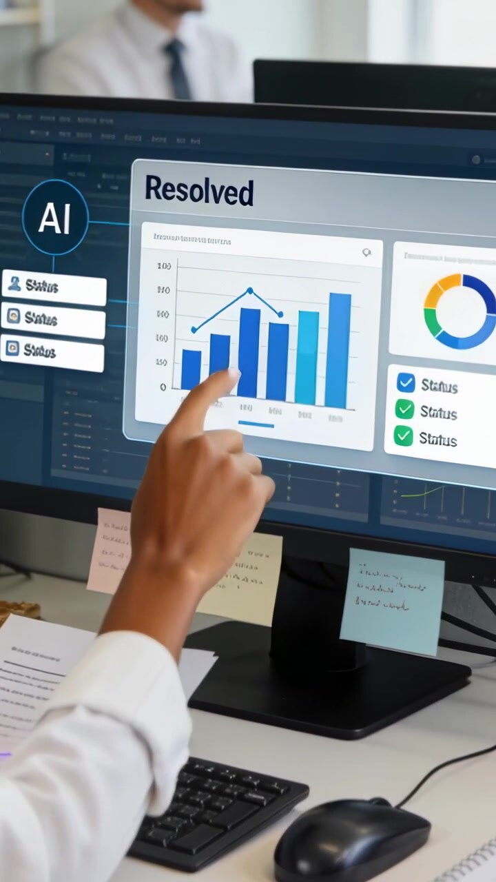 Vertical video: Noticing trend, worker pointing and comparing paper to screen at desk, peer in tie
