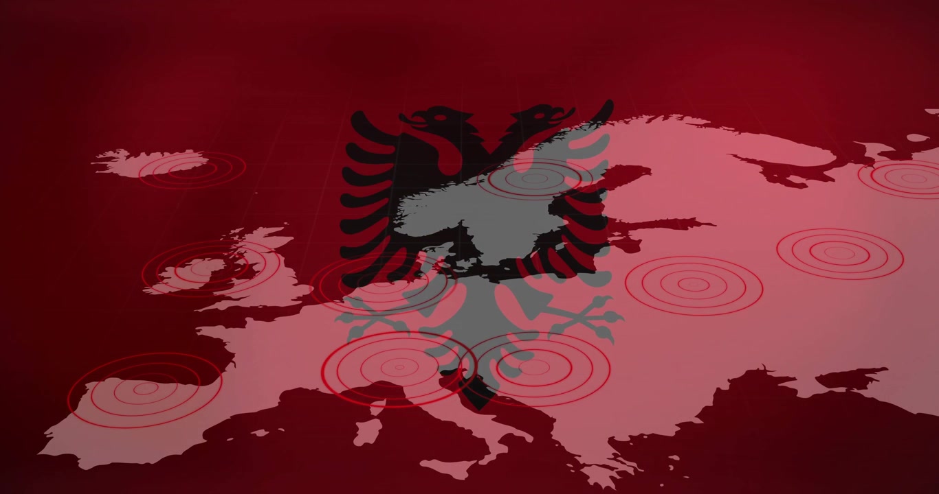 Lambang elang Albania muncul perlahan di atas peta, menyebabkan cincin target berdenyut menyoroti Balkan